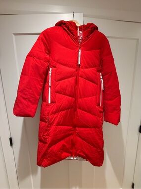 Long Red Hooded Puffer Coat with Zippered Pockets